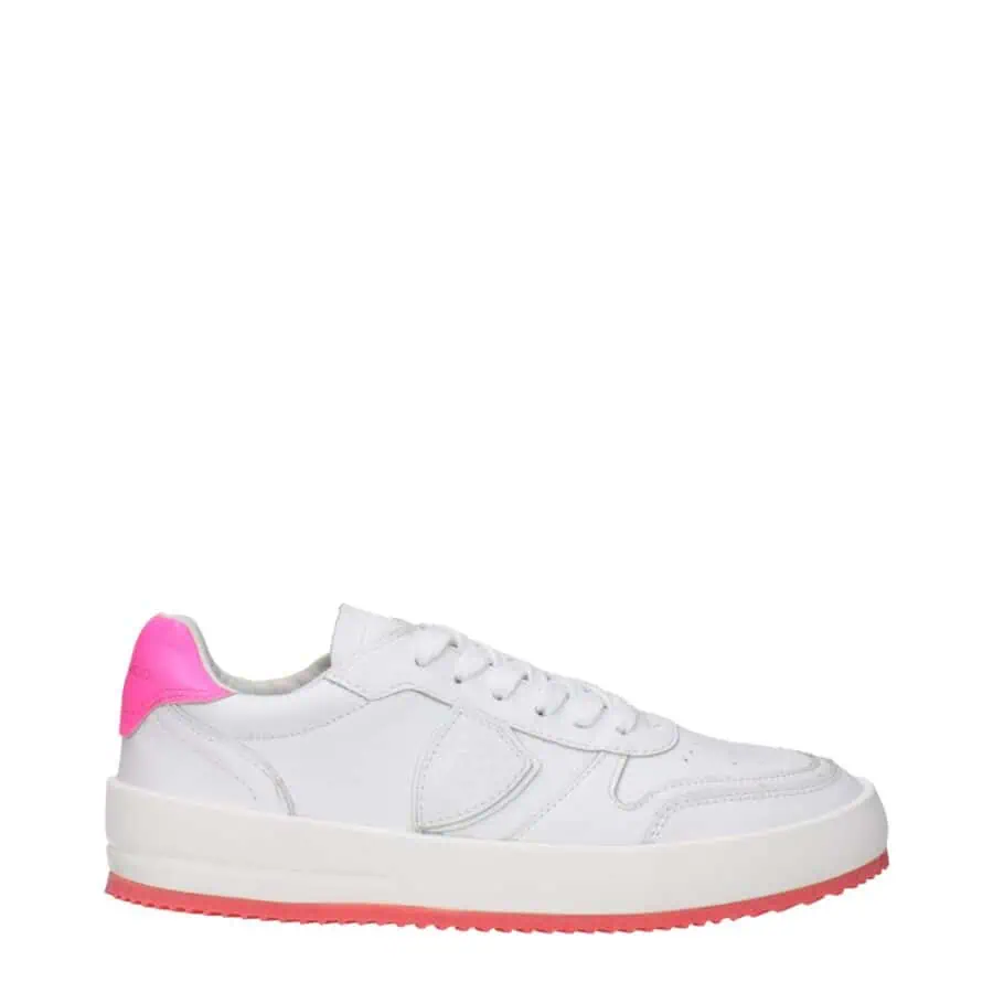 White trendy sneakers with pink accent on heel, casual design, lightweight sole, perfect for daily wear and stylish outfits.