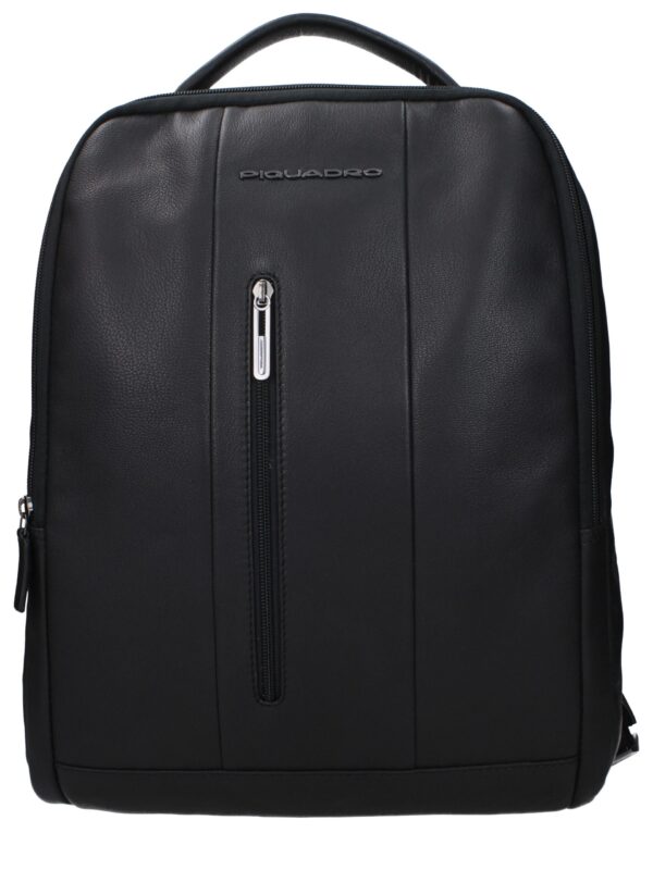 Stylish black leather backpack with a front zipper pocket, adjustable straps, and sleek design for professional and casual use. Perfect for travel, work, or daily activities.