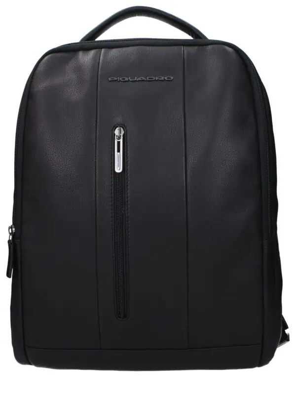 Stylish black leather backpack with a front zipper pocket, adjustable straps, and sleek design for professional and casual use. Perfect for travel, work, or daily activities.
