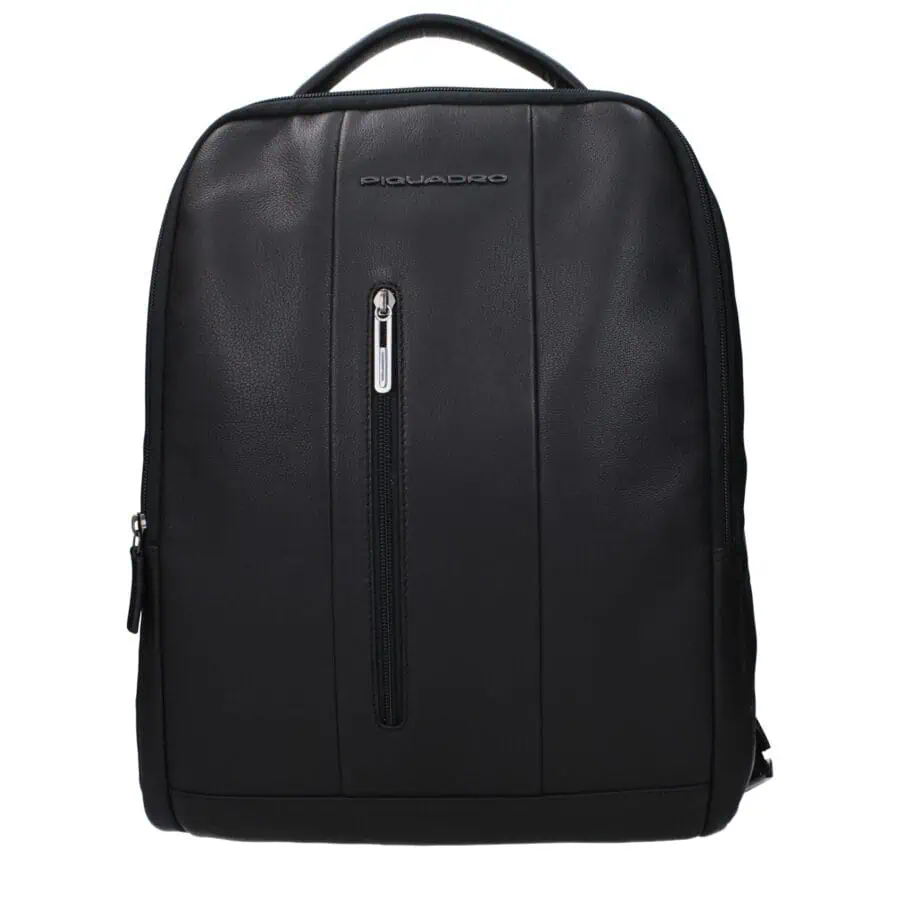 Stylish black leather backpack with a front zipper pocket, adjustable straps, and sleek design for professional and casual use. Perfect for travel, work, or daily activities.