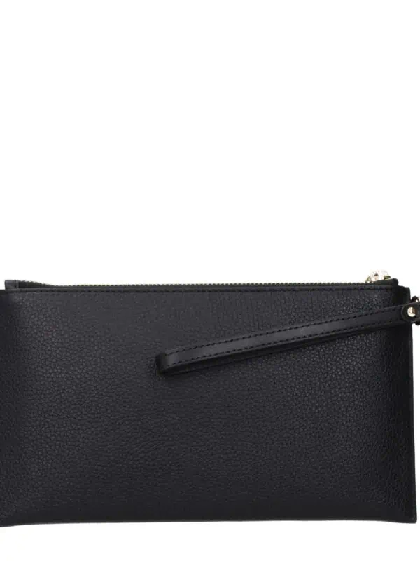 Luxe black leather clutch bag with wrist strap, elegant design, perfect for evening events or stylish outings. High-quality textured leather with gold-tone hardware.