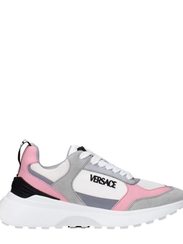 1. Color-blocked Versace sneakers with mesh, leather, and suede materials, featuring a chunky white sole and sporty modern design.