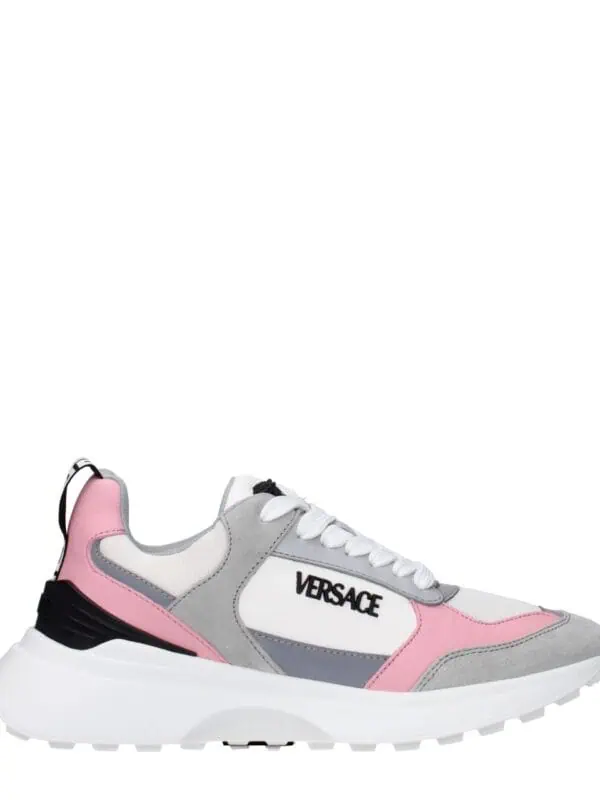 1. Color-blocked Versace sneakers with mesh, leather, and suede materials, featuring a chunky white sole and sporty modern design.