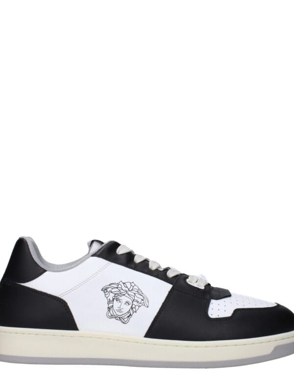 Black and white Versace-style luxury sneakers with Medusa logo, stylish design, and comfortable sole. Perfect for casual and designer fashion statements. Ideal for men and women.