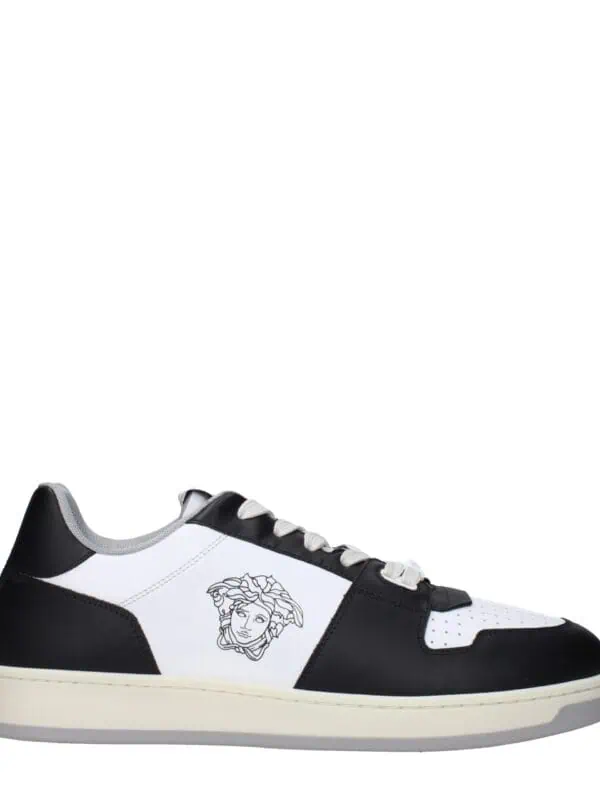 Black and white Versace-style luxury sneakers with Medusa logo, stylish design, and comfortable sole. Perfect for casual and designer fashion statements. Ideal for men and women.