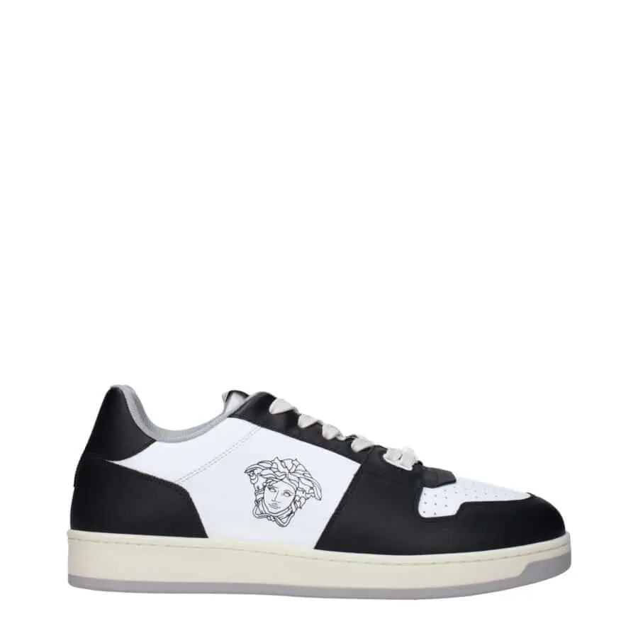 Black and white Versace-style luxury sneakers with Medusa logo, stylish design, and comfortable sole. Perfect for casual and designer fashion statements. Ideal for men and women.