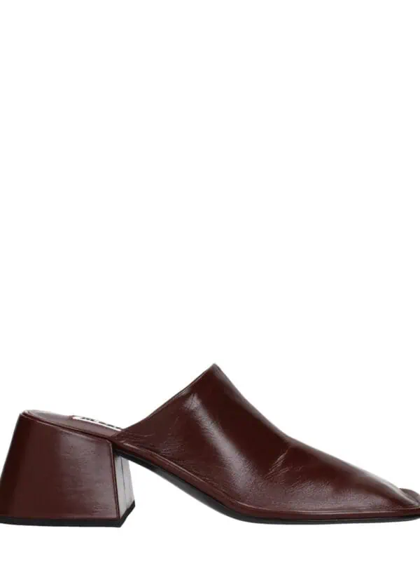 Luxurious burgundy leather slip-on mule with geometric block heel for women, stylish and sophisticated footwear from Lux Brands.