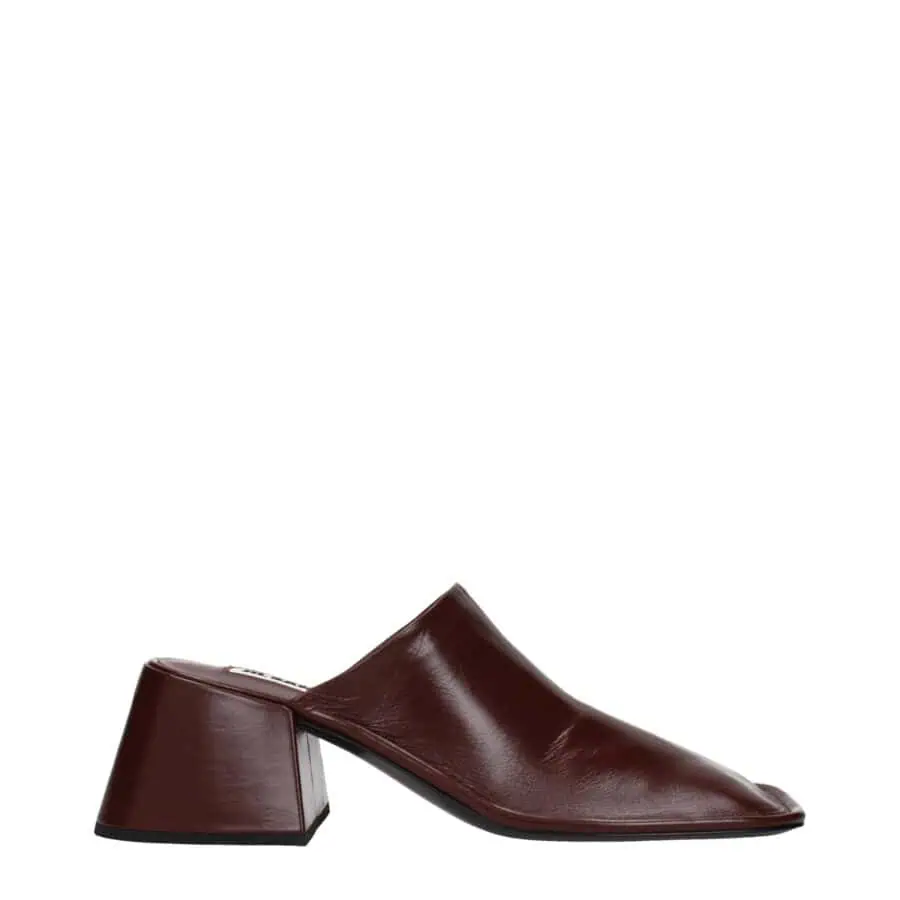 Luxurious burgundy leather slip-on mule with geometric block heel for women, stylish and sophisticated footwear from Lux Brands.