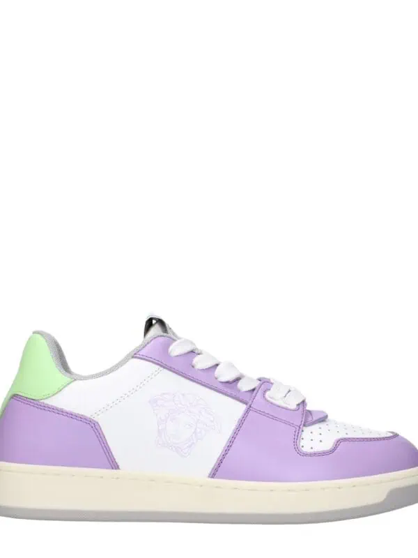 Bright pastel-colored sneakers with purple, white, and lime accents, featuring a Medusa logo on the side, stylish design, and comfortable sole, perfect for a trendy casual look.