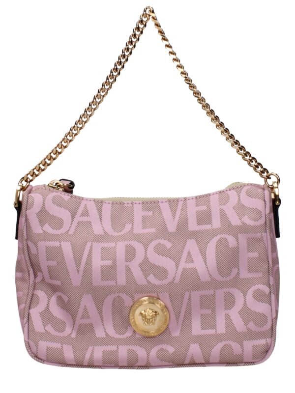 Pink Versace handbag with gold chain strap and logo emblem, featuring a textured fabric with bold logo print for a luxury fashion statement.