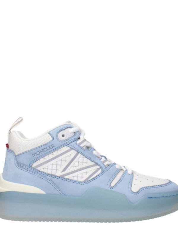 Light blue and white Moncler high-top sneakers with a sporty design, innovative sole, and luxury branding, perfect for stylish casual wear.