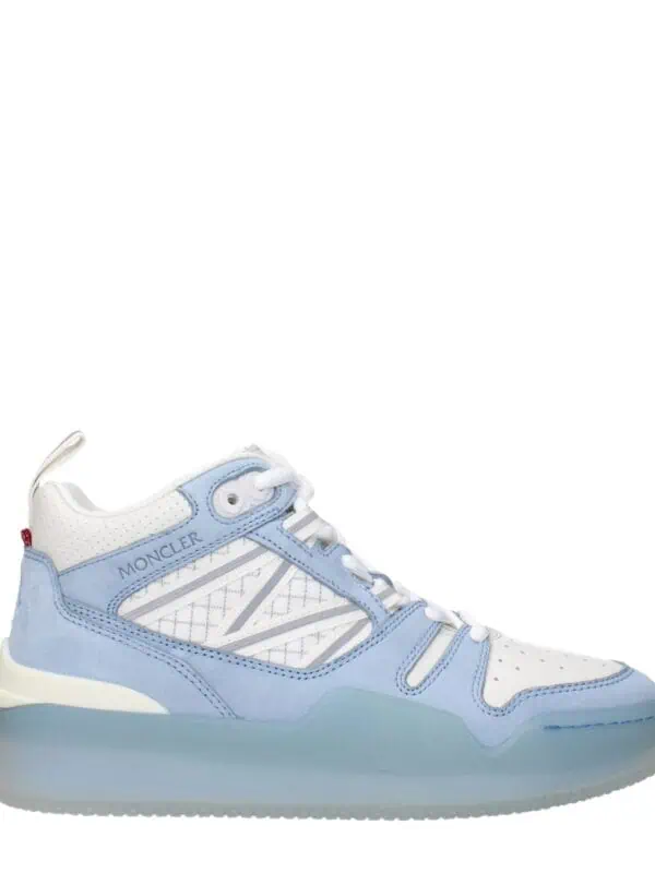 Light blue and white Moncler high-top sneakers with a sporty design, innovative sole, and luxury branding, perfect for stylish casual wear.