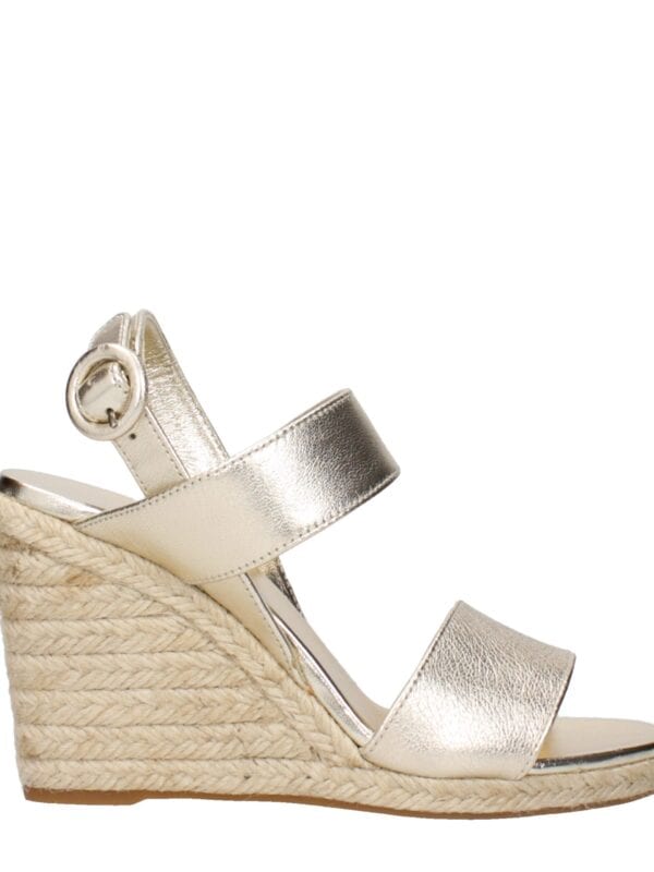 Gold metallic espadrille wedge sandal with ankle strap and buckle closure, perfect for summer or casual stylish outfits.