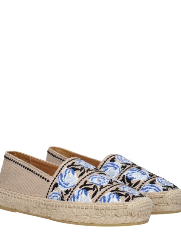 Canvas embroidered espadrille shoes with floral blue and black design, beige slip-on style, lightweight and perfect for casual summer wear.