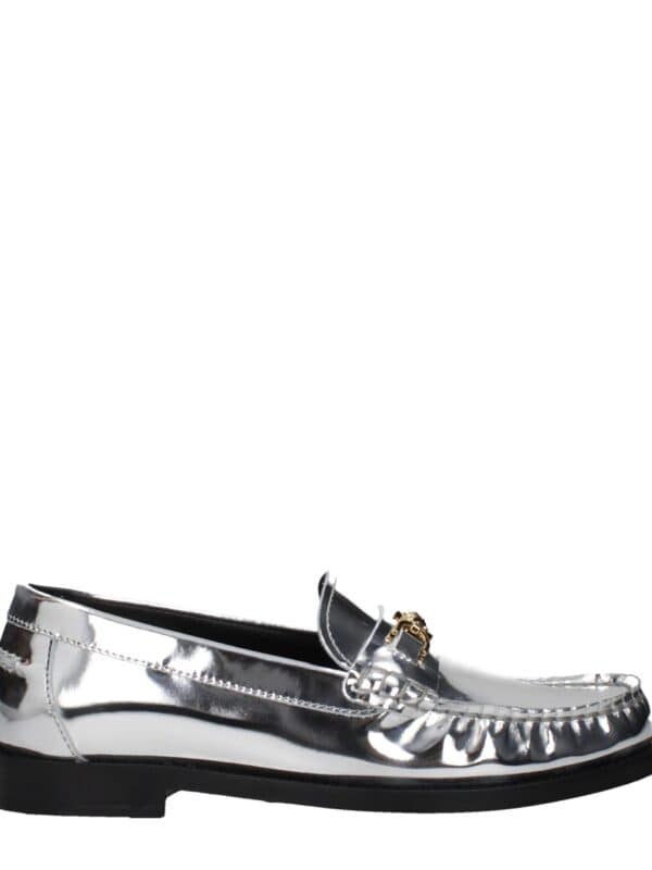 Shiny metallic silver loafer with a decorative gold buckle and ruffle detailing, stylish and elegant footwear for men or women.