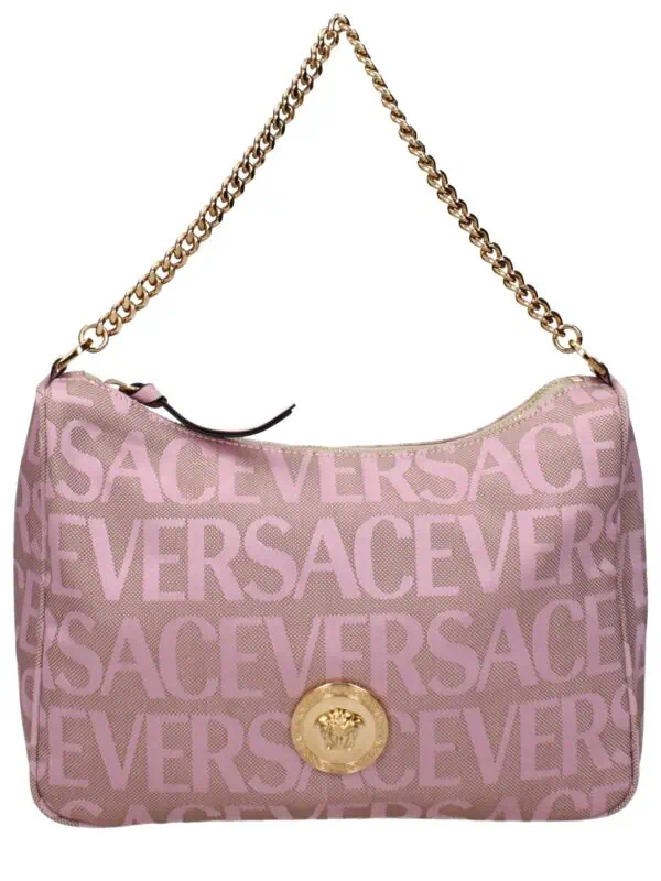 Pink Versace logo print shoulder bag with gold chain strap and gold Medusa emblem detail.
