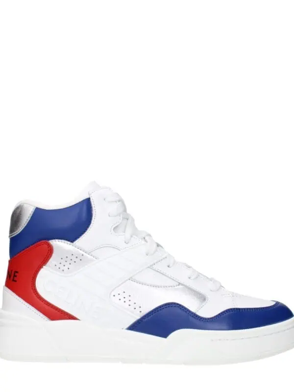 White high-top sneakers with red, blue, and silver accents, featuring a stylish and sporty design perfect for casual and athletic wear.