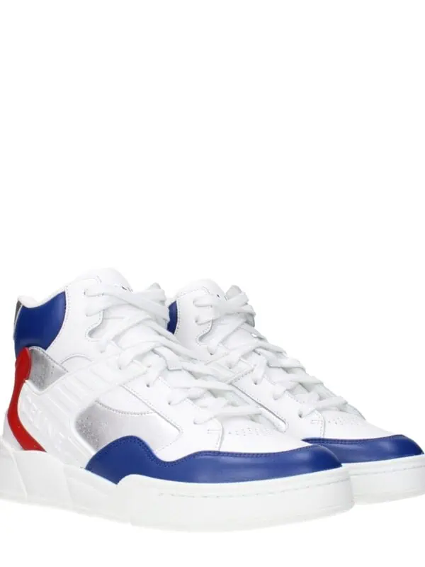 White and blue luxury sneakers with red and silver accents, high-top design, and branded detailing for a stylish and comfortable look. Perfect for streetwear and casual outfits.