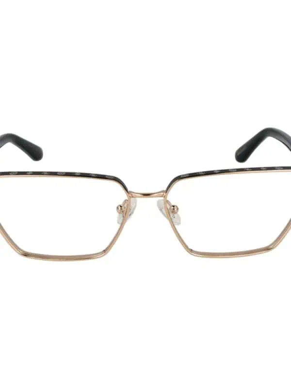 Elegant gold and black frame fashion glasses with a chic, modern design and transparent nose pads. Perfect for stylish eyewear enthusiasts seeking a sophisticated look.