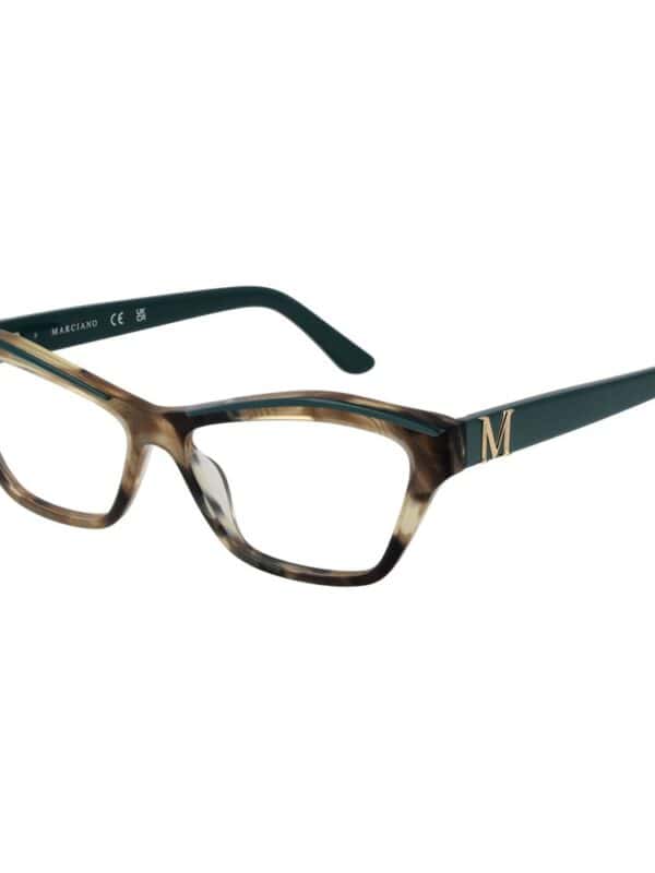 Marcianno designer eyeglasses with tortoise shell and black frames, featuring a gold 'M' logo on the temples. Perfect for stylish, sophisticated eyewear.