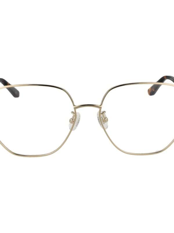 Gold square frame designer eyeglasses with tortoise shell temple tips for men and women.