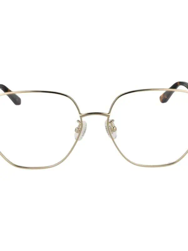 Gold square frame designer eyeglasses with tortoise shell temple tips for men and women.