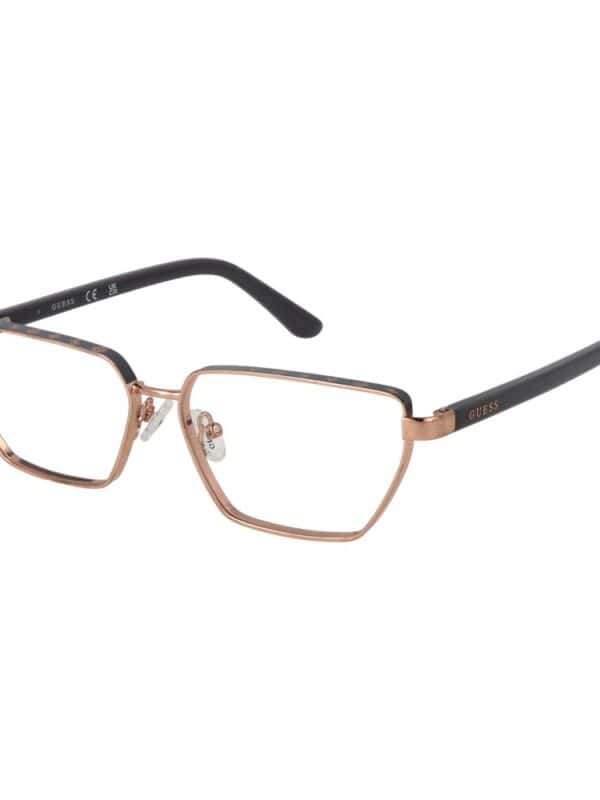 Stylish Guess rectangular eyeglasses with gold-tone frames and black temples, perfect for fashion-forward eyewear.