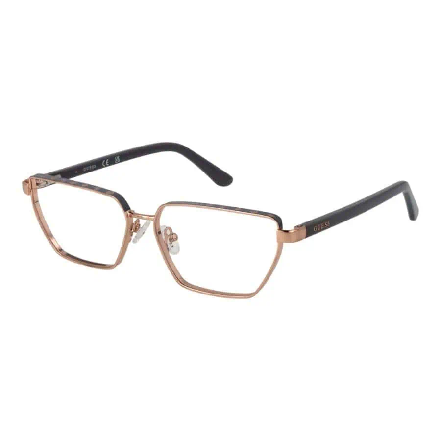 Stylish Guess rectangular eyeglasses with gold-tone frames and black temples, perfect for fashion-forward eyewear.