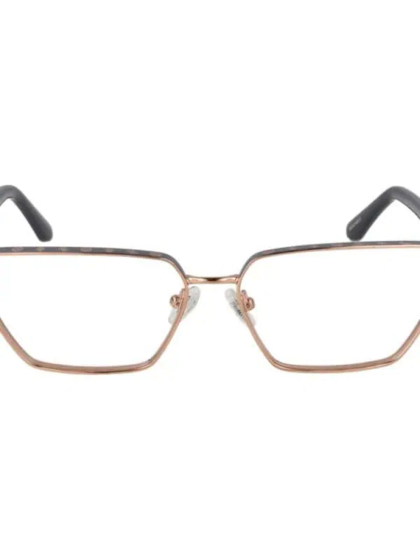 Elegant designer eyeglasses with a gold metal frame and black temple tips for a sophisticated look. Perfect for fashion-forward individuals seeking stylish eyewear.