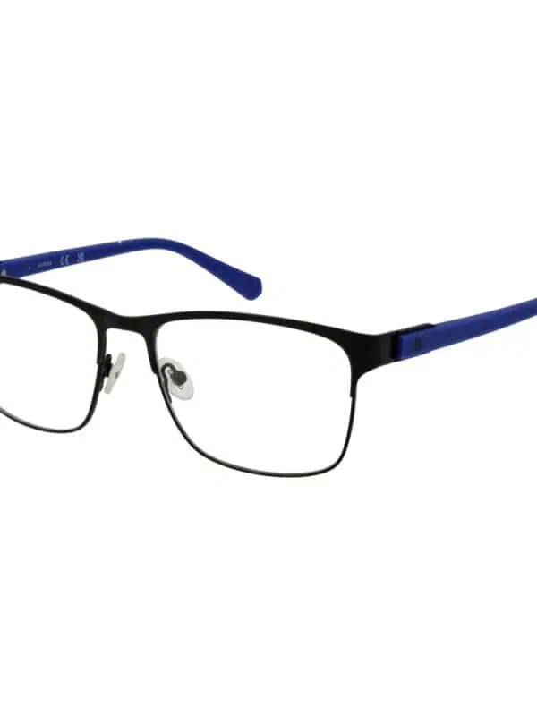 Black and blue men's eyeglasses with rectangular lenses for prescription or reading eyewear.