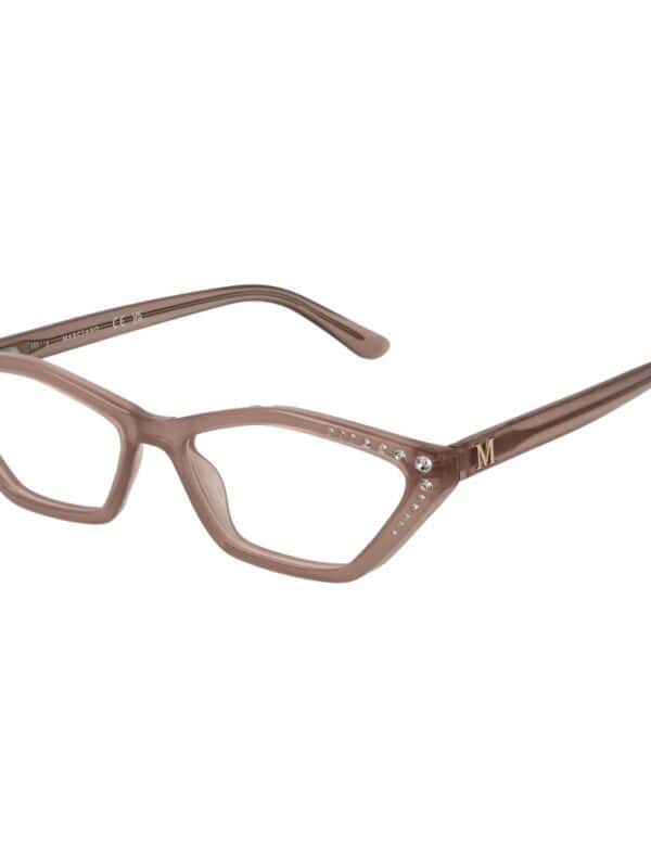 Brown designer eyeglasses with rhinestone accents and a stylish 'M' logo on the arm, perfect for a chic and sophisticated look.