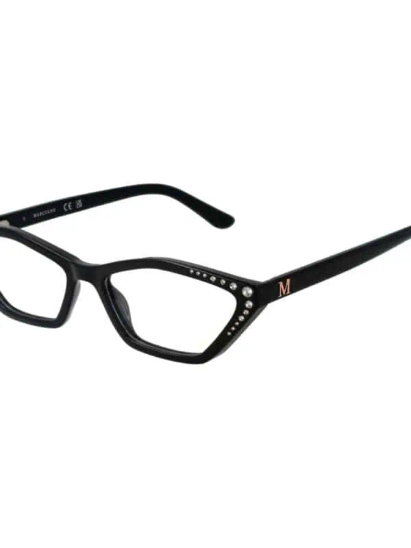 Black fashion eyeglasses with rhinestone embellishments and the letter "M" on the temple, perfect for stylish eyewear accessories.