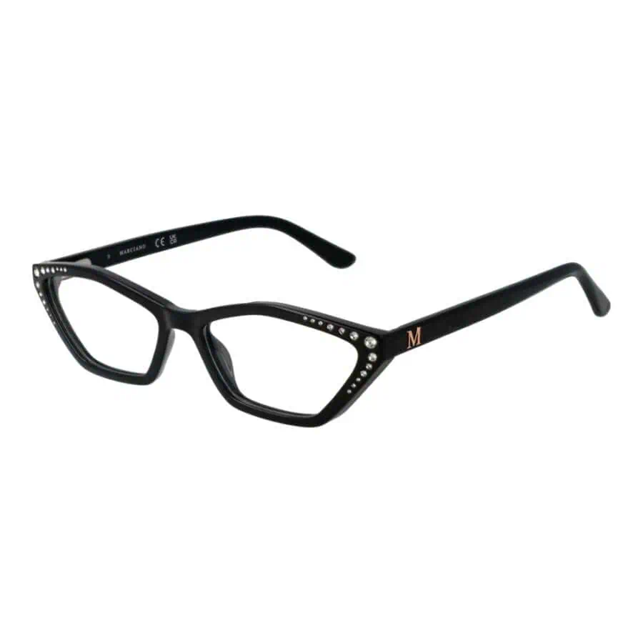 Black fashion eyeglasses with rhinestone embellishments and the letter "M" on the temple, perfect for stylish eyewear accessories.