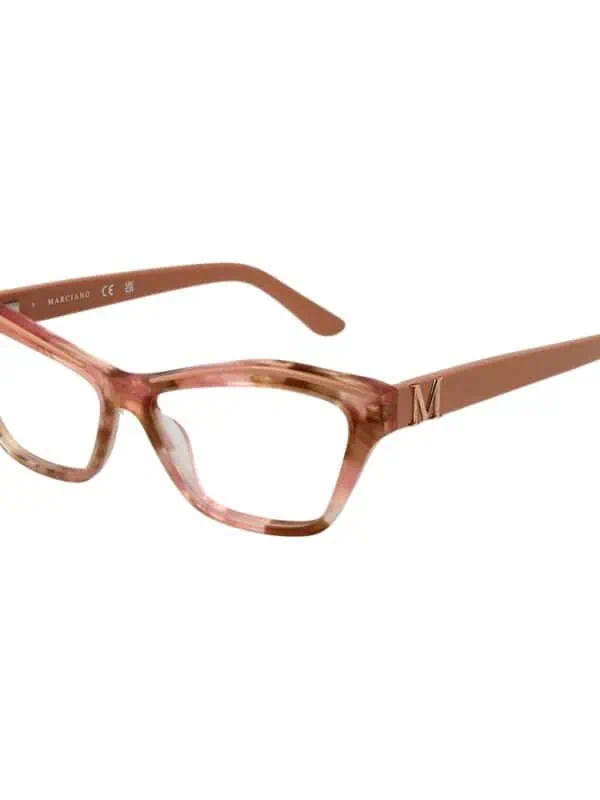 Elegant pink and brown marbled designer eyeglasses with a rectangular frame, perfect for luxury eyewear enthusiasts.