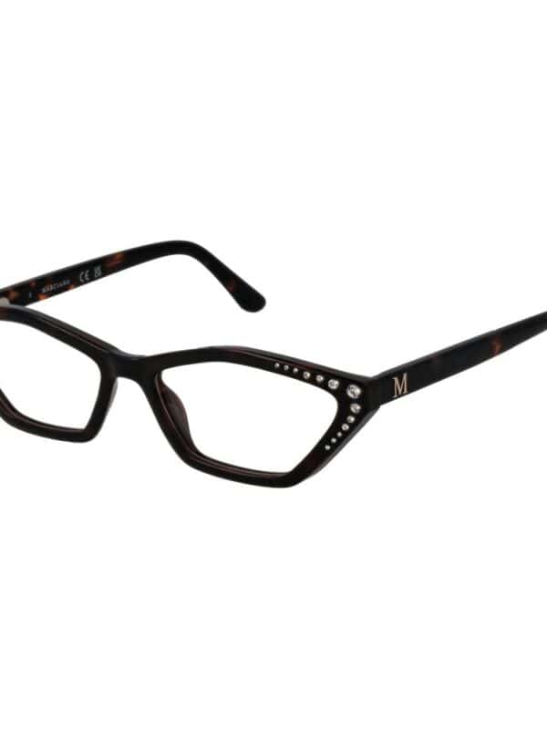 Elegant black cat-eye glasses with rhinestone embellishments and the letter "M" on the temple, perfect for adding a touch of luxury to any fashion look.