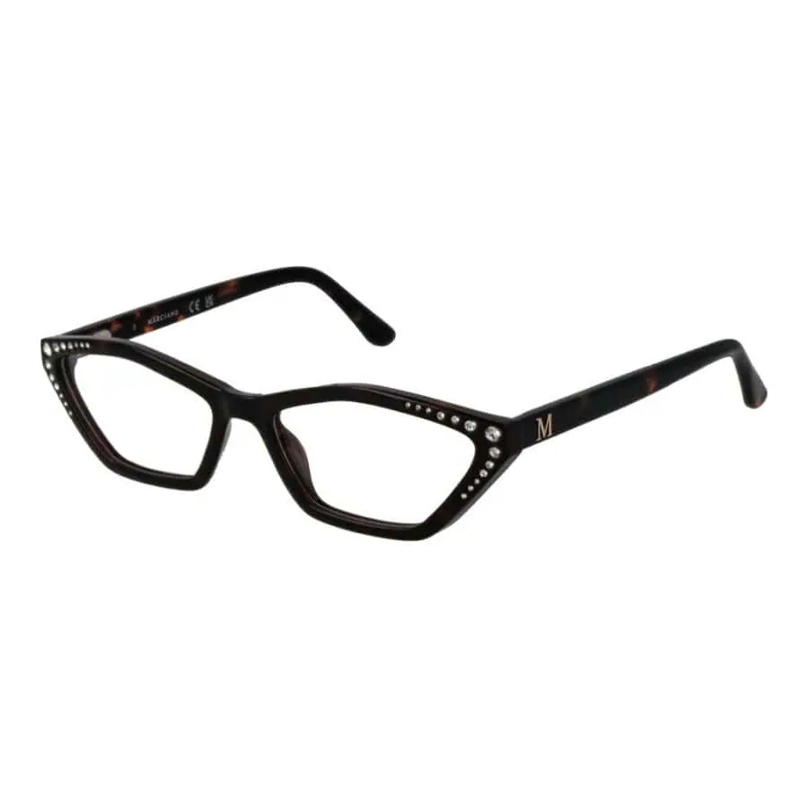 Elegant black cat-eye glasses with rhinestone embellishments and the letter "M" on the temple, perfect for adding a touch of luxury to any fashion look.