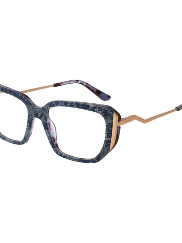 Vogue optical glasses with a bold geometric frame featuring a mix of blue, pink, and white pattern, complemented by gold temples for a stylish and modern look.