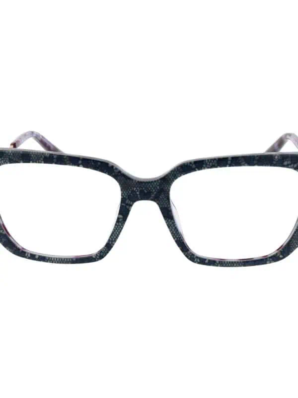 Bold patterned oversized fashion glasses with a geometric frame and tinted temples, perfect for contemporary chic styles.