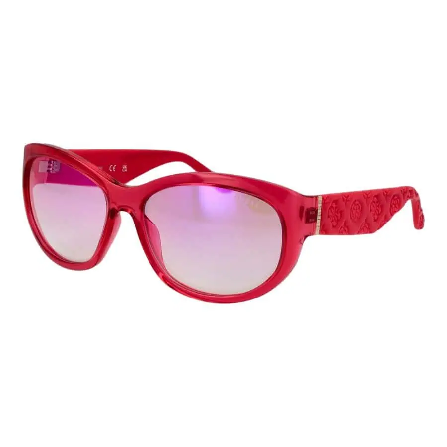 Red fashionable designer sunglasses with purple-tinted lenses for women.