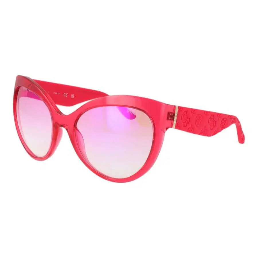 Pink designer sunglasses with pink tinted lenses and textured arms, stylish and trendy.