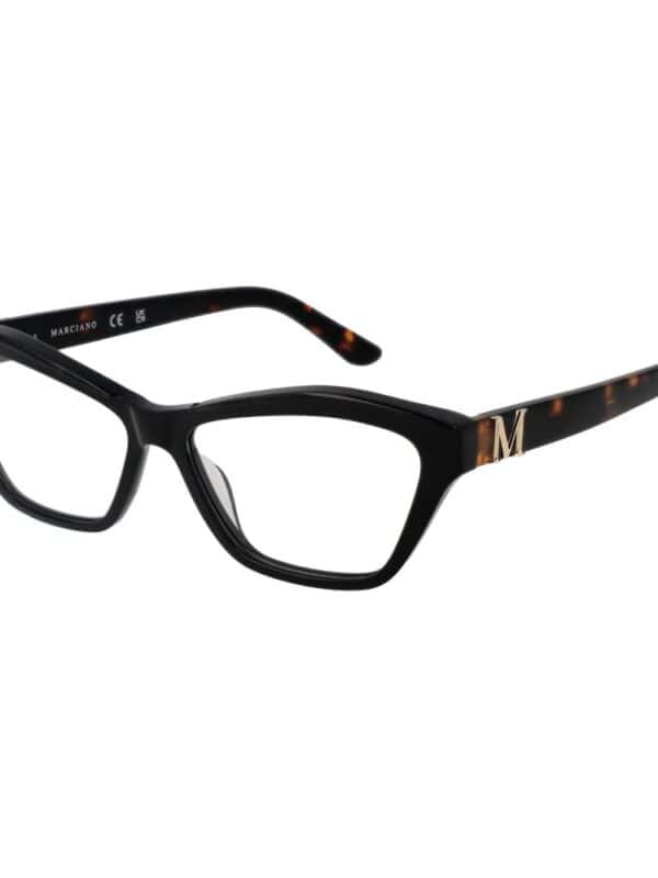 Black stylish eyeglasses with tortoise shell accents and a gold "M" logo on the temple. Perfect for a fashionable and sophisticated look, combining elegance with everyday wear.