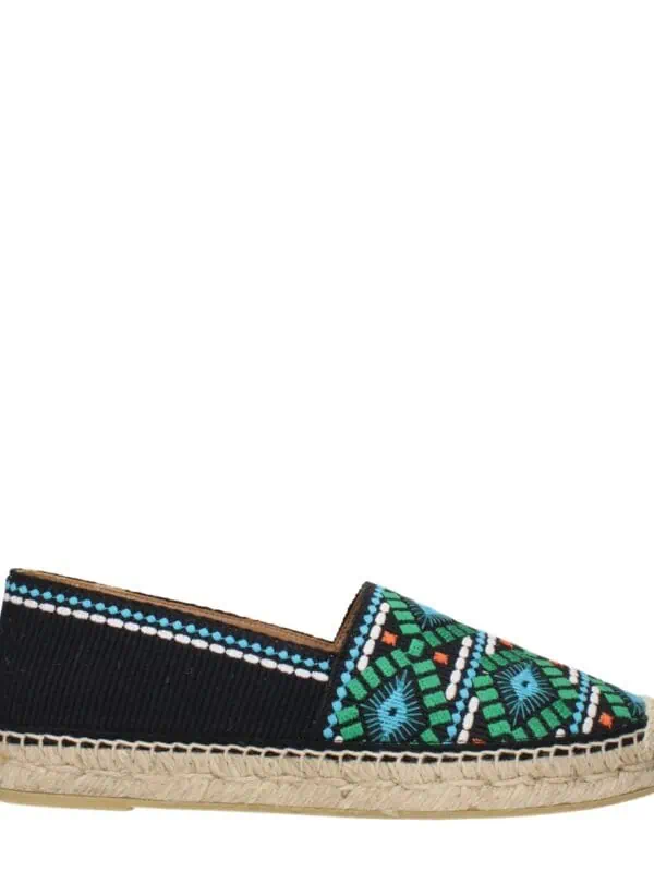 Colorful embroidered espadrille shoe with intricate geometric designs, black fabric, and traditional jute sole, perfect for casual summer wear.