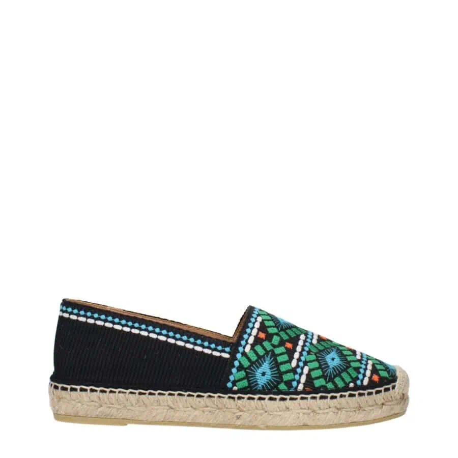 Colorful embroidered espadrille shoe with intricate geometric designs, black fabric, and traditional jute sole, perfect for casual summer wear.