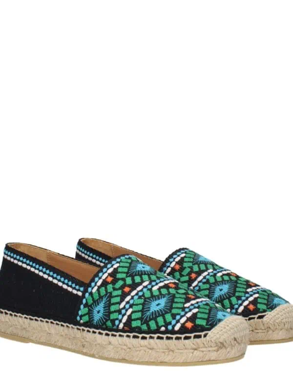 Colorful embroidered espadrilles with intricate floral patterns, black canvas upper, and braided jute sole perfect for casual summer wear.