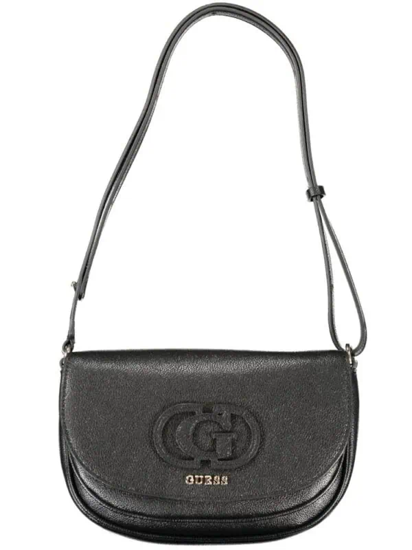 Black Guess shoulder bag with embossed logo and adjustable strap, perfect for stylish everyday use.
