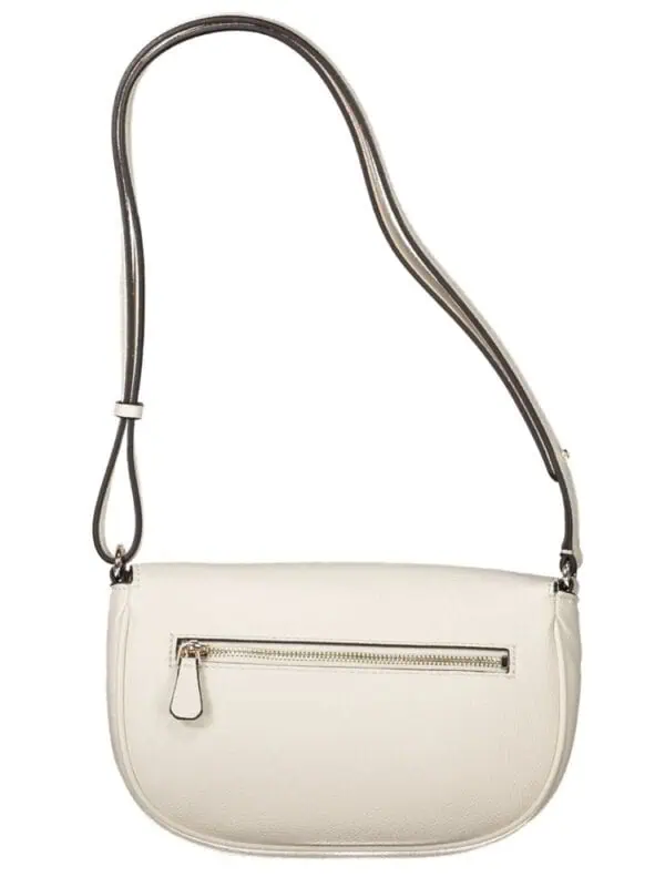 Lux Brands white leather shoulder bag with adjustable strap and front zipper pocket for stylish everyday carry. Perfect for fashion-forward individuals seeking versatile accessories.