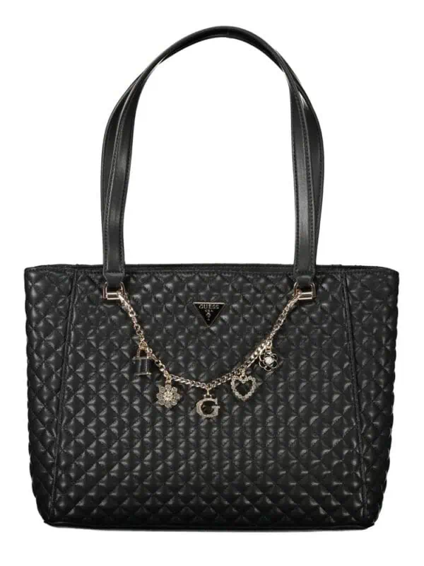 Luxury black quilted tote bag with chain and charm details, perfect for stylish everyday use.