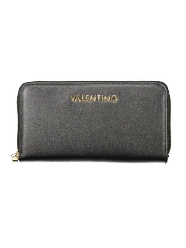 Lux Brands Valentino black leather zip around wallet with gold logo detail for women and men.