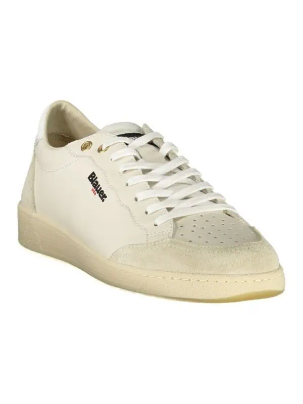 Cream-colored luxury sneaker with stylish design and branding detail.