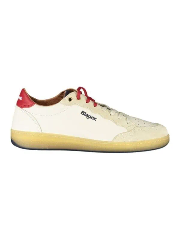 White sneaker with beige accents, red heel tab, and "Blauer" logo, featuring a beige sole and red laces, designed for stylish casual wear.